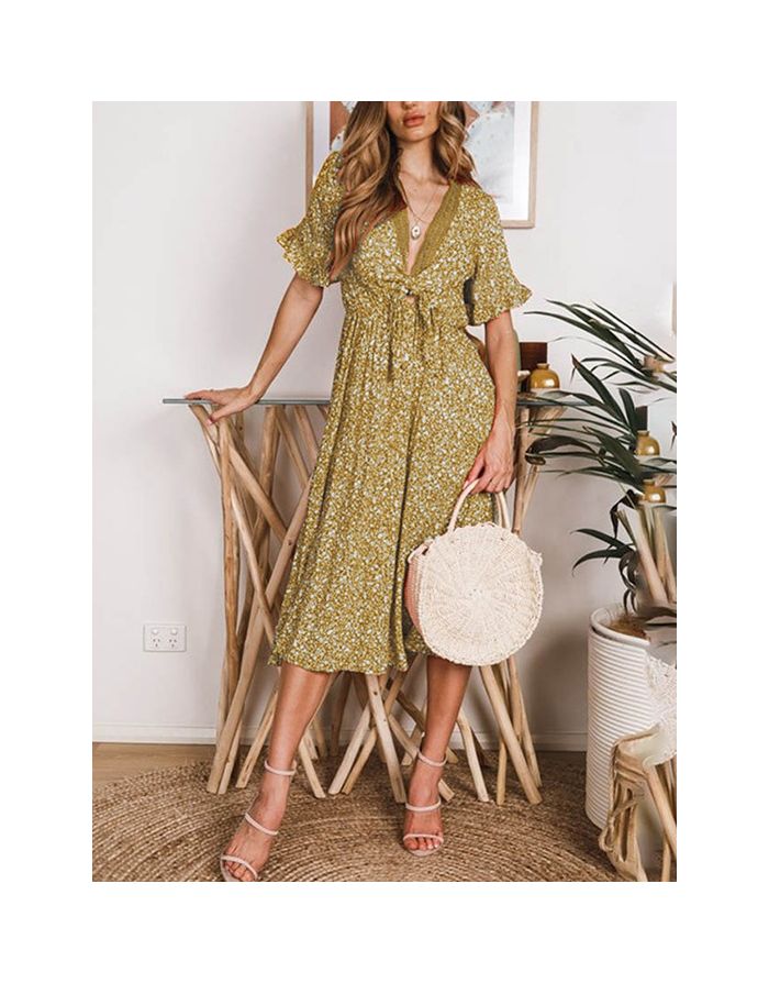 Summer Dress Women V-Neck Bowknot Ruffled Short Sleeve Floral Printed Bohemian Long Dresses